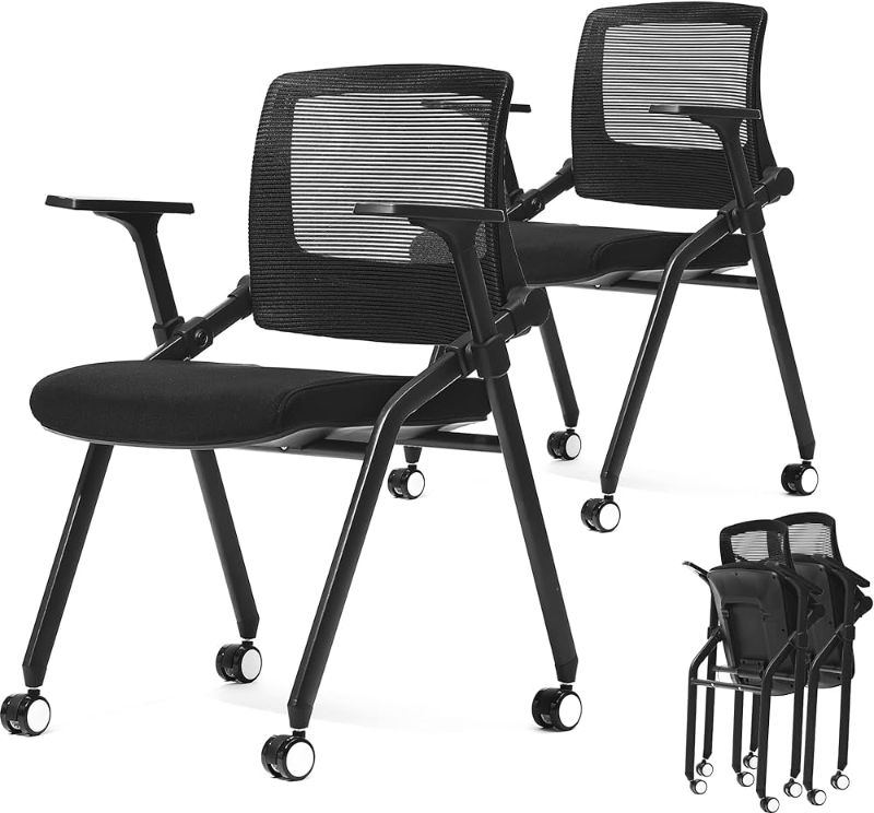 Photo 1 of FYLICA Foldable Office Chair Set of 2 with PU Wheels and Sliding Armrest-Ergonomic Mesh Bouncing Back, Stackable Conference Room Chair, Office Guest & Reception & Meeting Chair (Black)
