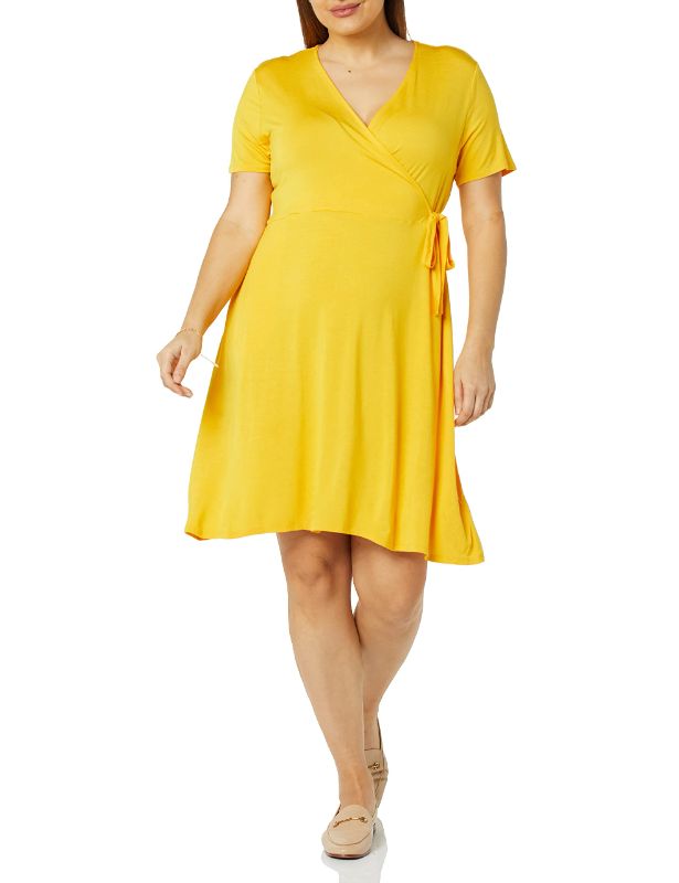 Photo 1 of Amazon Essentials Women's Cap-Sleeve Faux-Wrap Dress Rayon Blend Golden Yellow XS