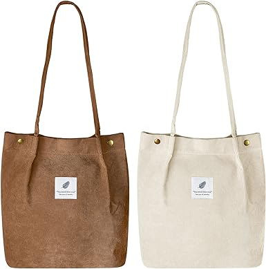 Photo 1 of Ayieyill Corduroy Tote Bag for Women Canvas Shoulder Cord Purse with Inner Pocket
 brown and beige