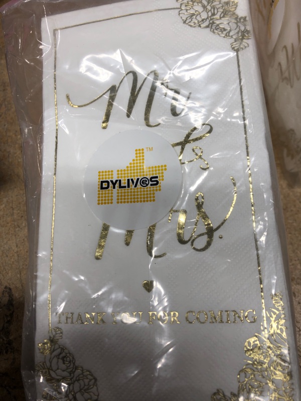 Photo 2 of DYLIVeS Gold Mr and Mrs Dinner Napkins, Wedding Napkins Thank You Beverage Dessert Disposable Paper Cocktail Napkins for Bridal Shower Anniversary Engagement Decoration, 3 Ply, 100 Pcs, 13"x16" Mr & Mrs (Rectangle)