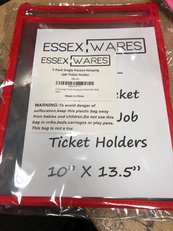 Photo 2 of 5 Pack Single Pocket Hanging Job/Shop Ticket Holder (Red) - by Essex Wares - Use in Your Business or in a Classroom. Fits Standard 8.5 X 11 Sheets of Paper and Can be Used as a Dry Erase Pocket.