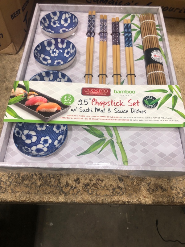 Photo 1 of 13 Pc Multicolored Bamboo Chopstick Set W/ Sauce Dishes