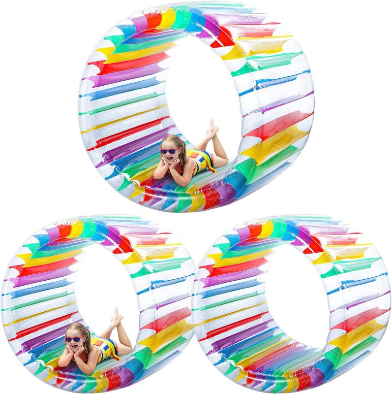 Photo 1 of 3 Pcs 72.8 Inch and 47.2 Inch Colorful Inflatable Water Wheel Roller Float Large Floating Water Swimming Pool Toys for Little Teens Adults Summer Party Fun Pool Lake Beach