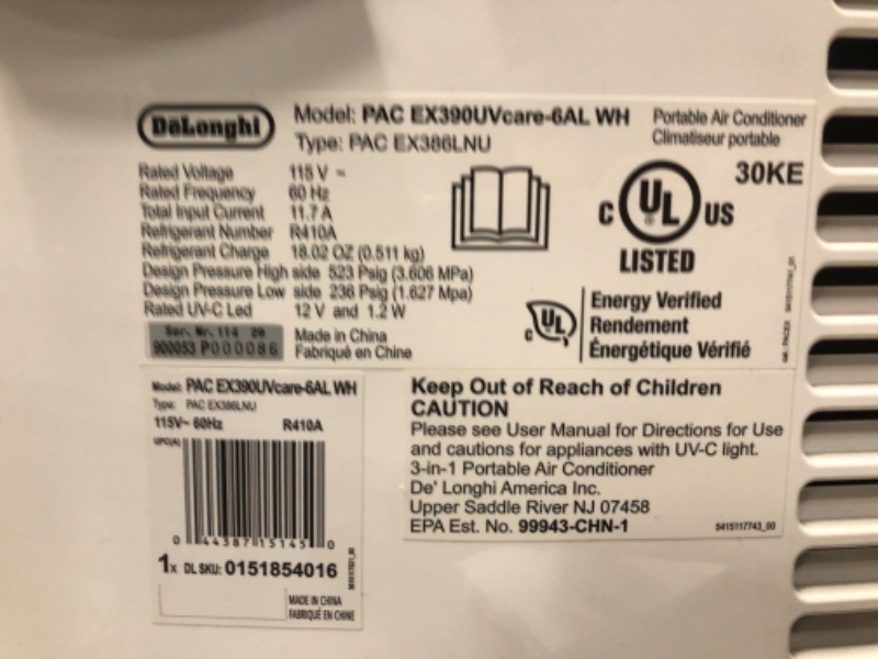 Photo 4 of ***SEE CLERK COMMENTS**SEE COMMENTS***
De'Longhi PACEX390UVcare-6AL WH PAC Portable Air Conditioner, Dehumidifier, Fan & UV-Carelight, 14000 BTU + UV CARE, White White 14,000 BTU, UV light protection, 700 sq ft Conditioner