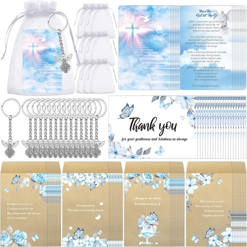 Photo 2 of 180 Pack Funeral Favors Set 36 Silver Angel Keychain 36 Self Stick Kraft Seed Envelopes 36 Celebration of Life Prayer Cards 36 Thank You Cards 36 Organza...