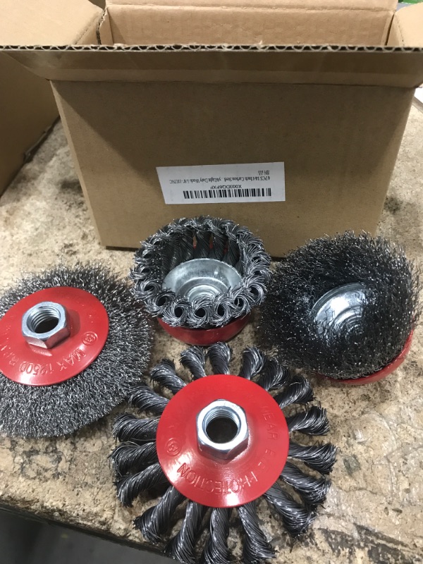 Photo 2 of 4 PCS 3&4 Inch Carbon Steel Wire Wheel Cup Brush Set,Includes 3" Coarse Crimped Wire/Knotted Wire Cup Brush,4" Coarse Crimped Wire/Knotted Wire Wheel Brush,for Heavy&Light Duty Work-5/8"-11UNC