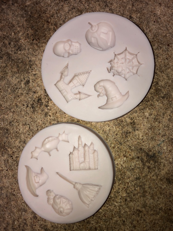 Photo 2 of Halloween Ghost Castle Silicone Molds, Skull Pumpkin Bat Fondant Molds, Spider Web Witch Hat Chocolate Baking Molds for Cake Decoration Cupcake Topper Candy Sugar Craft Gum Paste Halloween chocolate mold(XL89)