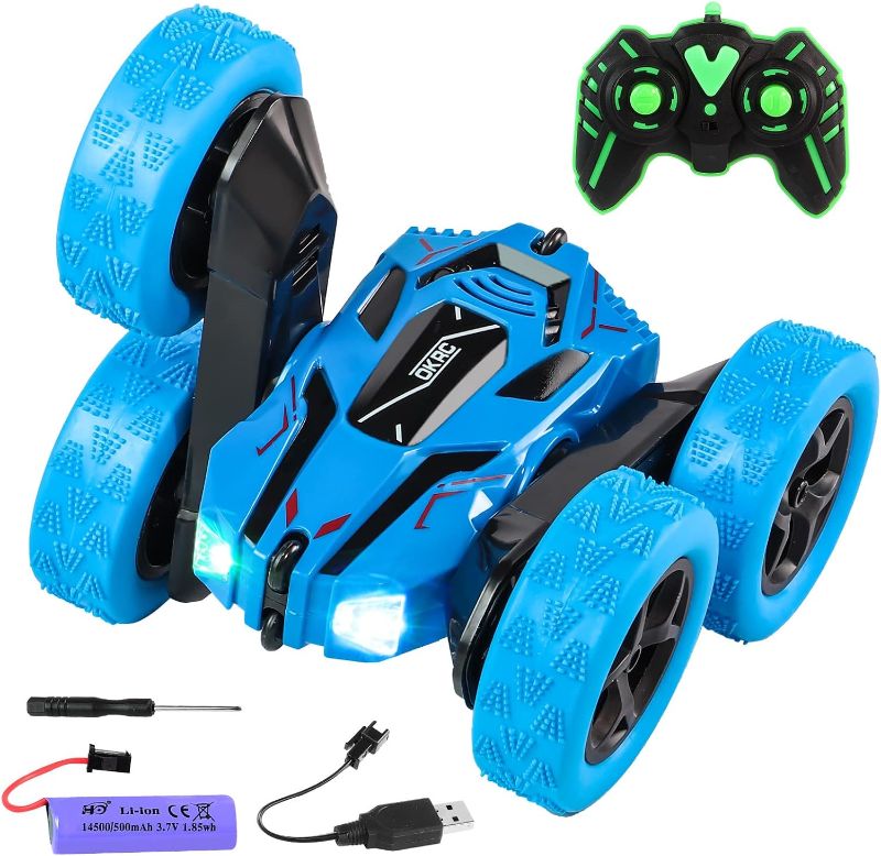 Photo 1 of  Remote Control Car, Double Sided 360° Rotating RC Stunt Car, Gesture Sensing Kids Cars Boys Gifts for Age 3 4 5 6 7 8 Year Old (Blue, 4 Wheels)