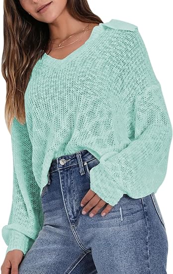 Photo 1 of Pink Queen Women's 2023 Fall Oversized Pullover Sweaters Casual Collared V Neck Long Sleeve Lightweight Knit Sweater Tops L
