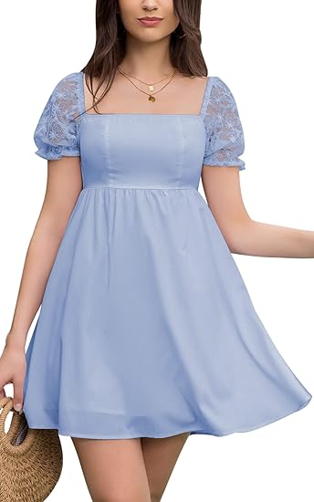 Photo 1 of Byinns Women's Summer Mini Dress Square Neck Lace Short Puff Sleeve Dress Smocked Empire Waist A Line Flowy Babydoll Sundress SMALL
