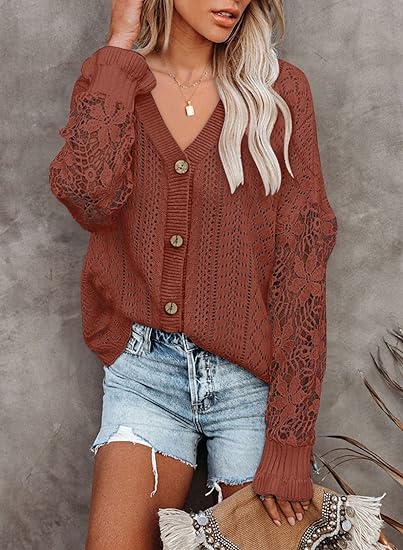 Photo 1 of AlvaQ Womens Lightweight Lace Crochet Cardigan Sweater Kimonos Casual Oversized Open Front Button Down Knit Outwear SMALL
