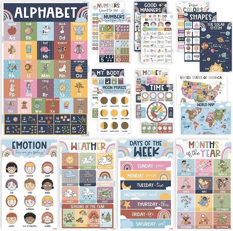 Photo 1 of 18 Educational Posters For Toddlers, Alphabet Poster, Boho Teachers Kindergarten Classroom Decor & Homeschool Must Haves For Kids, PreK Learning Laminated Materials, Preschool Classroom Supplies (Boho V1)
