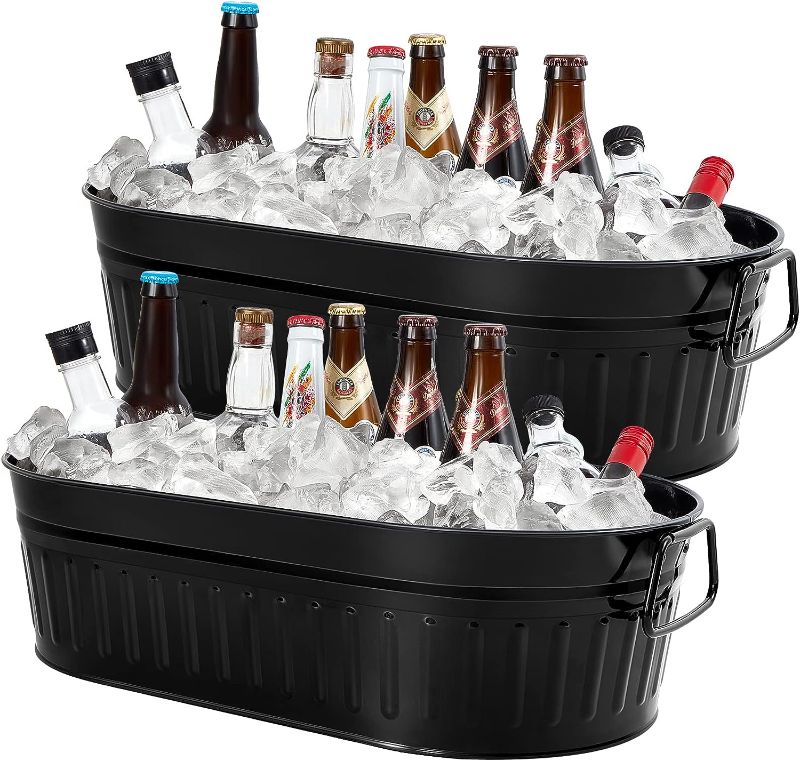 Photo 1 of 2 Pcs 2 Pack Galvanized Beverage Tub Galvanized Bucket Metal Ice and Drink Bucket with Handles Galvanized Tub for Parties Farmhouse Home Pool Bar (Black)