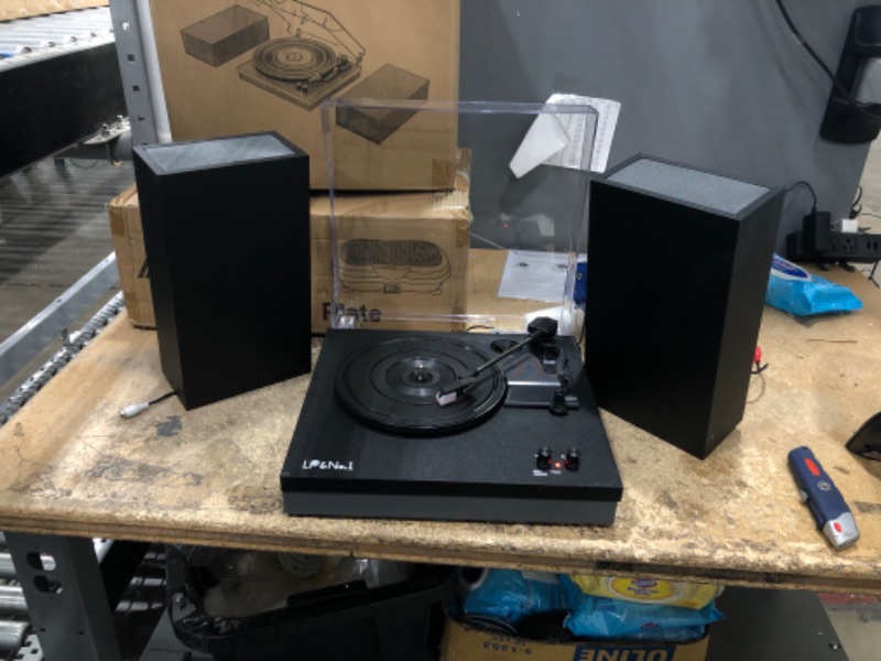 Photo 2 of LP&No.1 Bluetooth Turntable with Stereo Bookshelf Speakers, Retro Record Player with Wireless Playback, 3 Speed Belt-Drive Vintage Turntable with Auto Off, Black Gray Wood