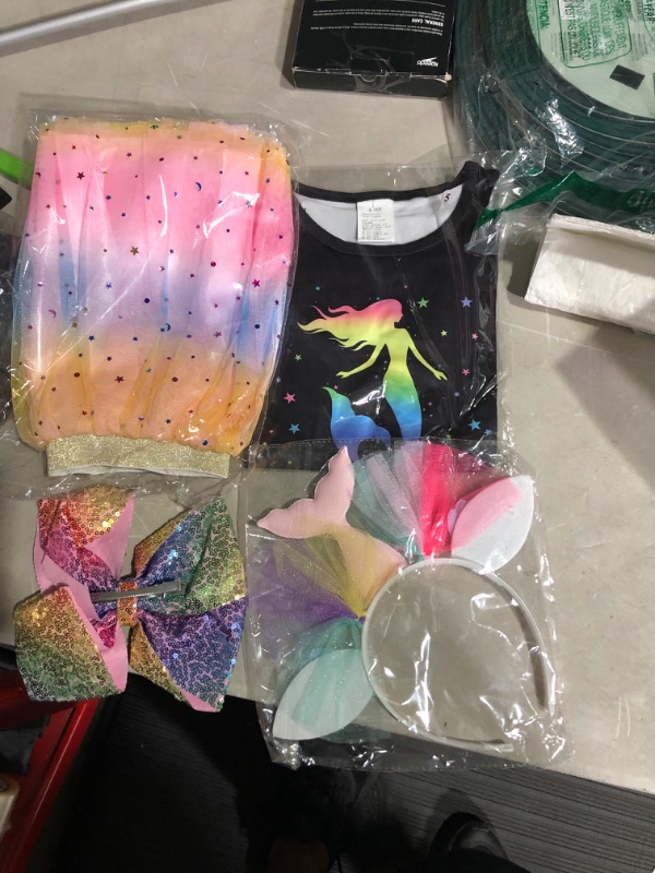 Photo 4 of Doctor Unicorn Birthday Girls Mermaid Outfit Set Costume Tutu Skirt Dress, Mermaid Birthday Shirt, Headband & Satin Sash Black/Rainbow Mermaid 4-5 Years