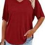 Photo 1 of LADIYO WOMENS V NECK HALF SLEEVE TOPS SOLID COLOR BLOUSE WINE RED 