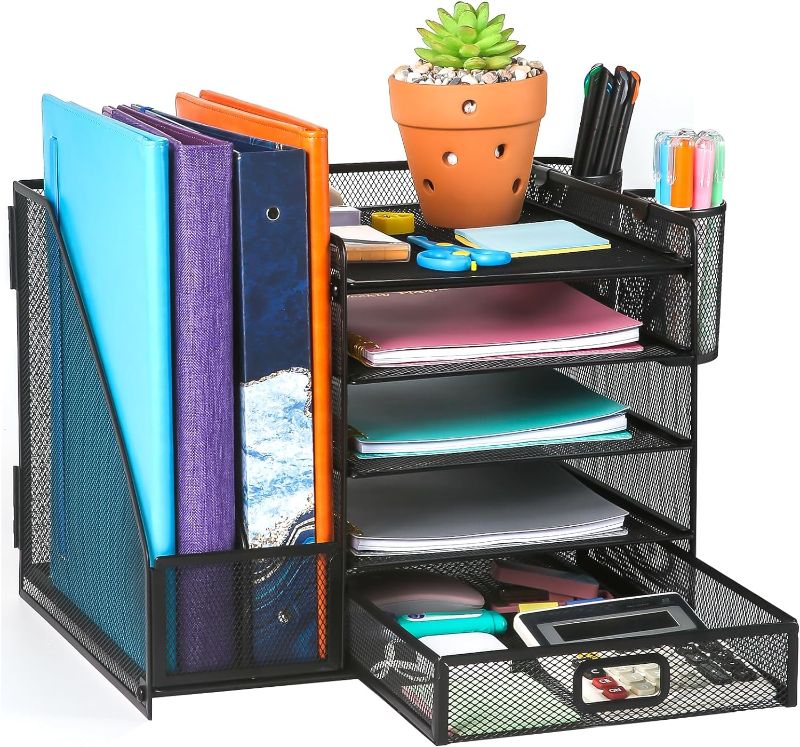 Photo 1 of BainGesk Desk Organizers and Accessories, Desk Organizer with File Holder, 5-Tier Paper Letter Tray Organizer with Drawer and 2 Pen Holder, Mesh Desktop.