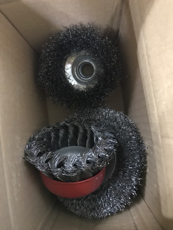 Photo 2 of 4 PCS 3&4 Inch Carbon Steel Wire Wheel Cup Brush Set,Includes 3" Coarse Crimped Wire/Knotted Wire Cup Brush,4" Coarse Crimped Wire/Knotted Wire Wheel Brush,for Heavy&Light Duty Work-5/8"-11UNC