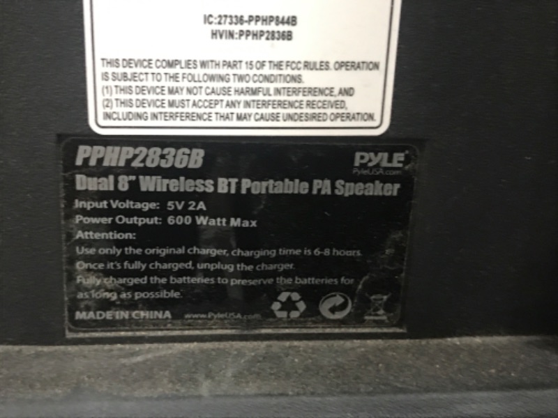 Photo 3 of USED**Pyle Bluetooth PA Speaker System - 600W Rechargeable Outdoor Bluetooth Speaker Portable PA System w/ Dual 8” Subwoofer 1” Tweeter, Microphone In, Party Lights, USB, Radio, Remote - Pyle PPHP2836B
