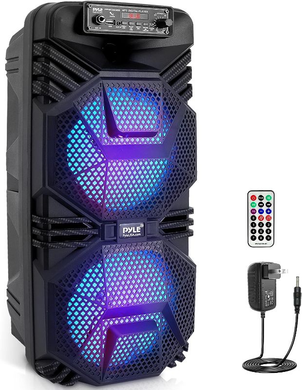 Photo 1 of USED**Pyle Bluetooth PA Speaker System - 600W Rechargeable Outdoor Bluetooth Speaker Portable PA System w/ Dual 8” Subwoofer 1” Tweeter, Microphone In, Party Lights, USB, Radio, Remote - Pyle PPHP2836B
