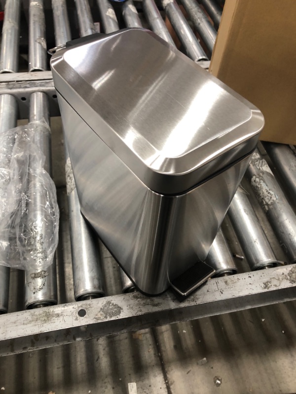 Photo 1 of mDesign Small Modern 1.3 Gallon Rectangle Metal Lidded Step Trash Can, Compact Garbage Bin with Removable Liner Bucket and Handle for Bathroom, Kitchen, Craft Room, Office, Garage - Brushed Chrome Brushed 1.3 Gallon