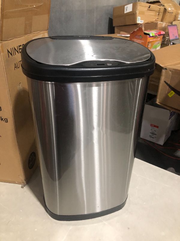 Photo 2 of ***USED - NONFUNCTIONAL - SEE NOTES***
Ninestars DZT-50-13 Automatic Touchless Motion Sensor Oval Trash Can with Black Top, 13 gallon/50 L, Stainless Steel