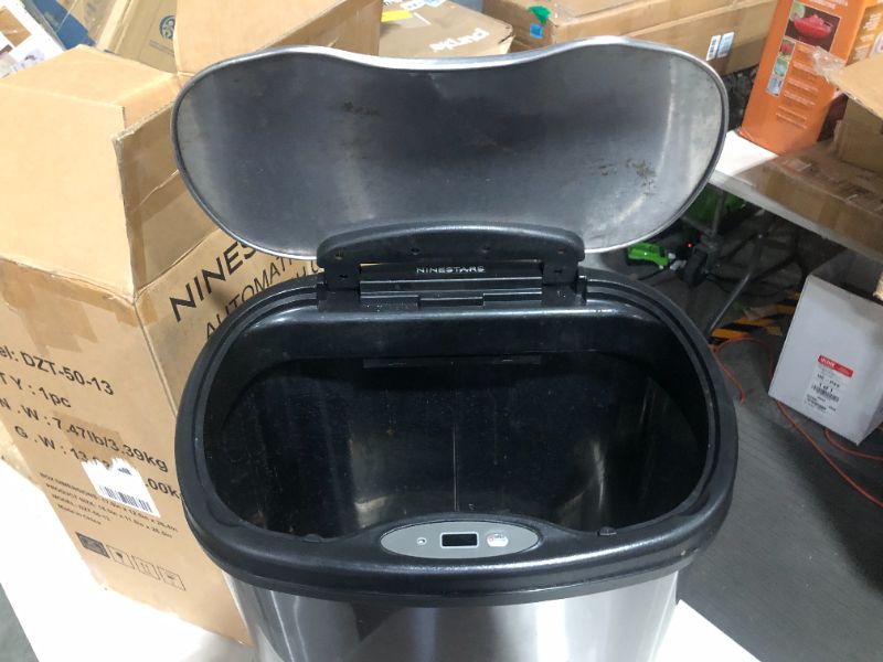 Photo 5 of ***USED - NONFUNCTIONAL - SEE NOTES***
Ninestars DZT-50-13 Automatic Touchless Motion Sensor Oval Trash Can with Black Top, 13 gallon/50 L, Stainless Steel