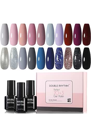 Photo 1 of double Rhythm Gel Nail Polish Set -20 Pcs Gel Polish Kit with 1 Base Coat and Glossy & Matte Top Coat Fall Neon Nude Pink Green Black Glitter Burgundy Red Purple Colors (Pack12-