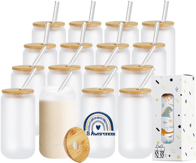 Photo 1 of MerryJoy 16 PACK Sublimation Glass Blanks With Bamboo Lid,16 OZ Frosted Glass Cups With Lids And Straws,Sublimation Glass Can,Sublimation Glass Blanks For Iced Coffee,Juice,Soda,Drinks,Beer
