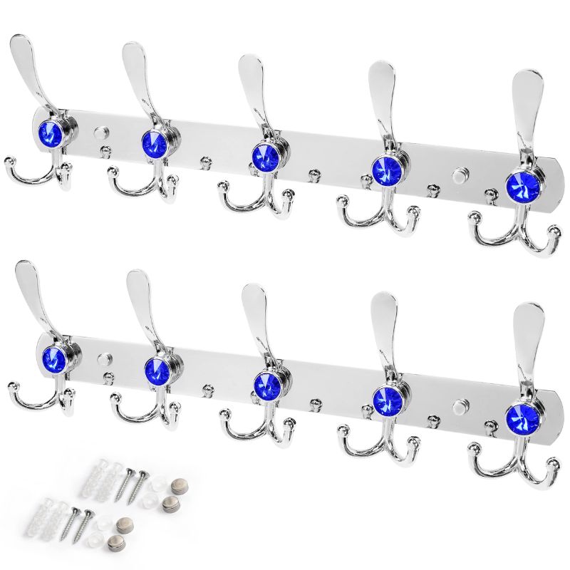 Photo 1 of 2 Pack Coat Hooks Wall Mounted – Premium Stainless Steel 5, Tri-Wall Hooks for Hanging Coats & Towels with Embedded Blue Jems – Heavy Duty Closet Hooks for Hanging Clothes, Robes, Hats (Silver)