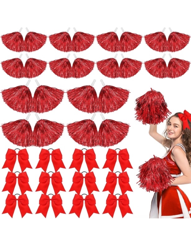 Photo 1 of 24 Pcs 13 Inch Cheerleading Pom Poms and 12 Pcs Large Cheer Hair Bows for Girl, Cheer Poms Poms Plastic Metallic Cheerleader Poms Poms with Handle for Cheerleading Teen Girls Sports