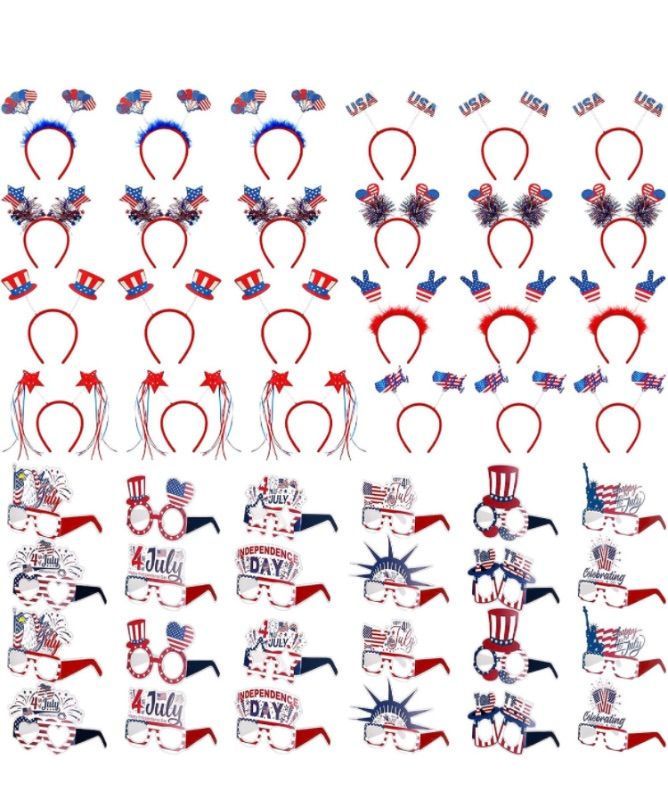 Photo 1 of 48 Pcs 4th of July Party Favors 4th of July Headband Glasses for Kids Adults 4th of July Decorations Includes American Flag Headband Patriotic Glasses 4th of July Accessories Patriotic Photo Props