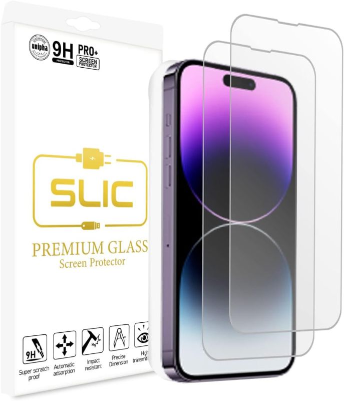 Photo 1 of 2 pack - Slic Premium Tempered Glass Screen Protector Designed for iPhone 14 Pro Max, Shatterproof, Easy Install Tool, Anti Scratch and Anti Fingerprint, Case Friendly (2 Pack)
