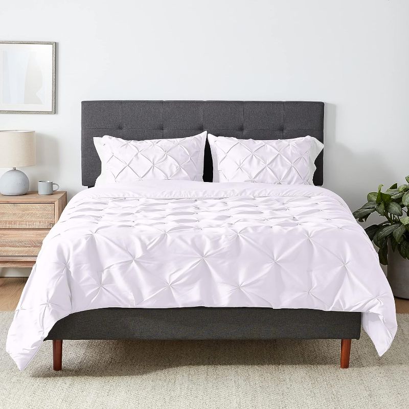 Photo 1 of Amazon Basics All-Season Down-Alternative 3 Piece Comforter Bedding Set, Full/Queen, Bright White, Pinch-Pleat With Piped Edges
