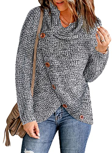 Photo 1 of Asvivid Womens Button Cowl Neck Sweaters Lightweight Chunky Long Sleeve Asymmetric Wrap Pullover Sweater - Small 