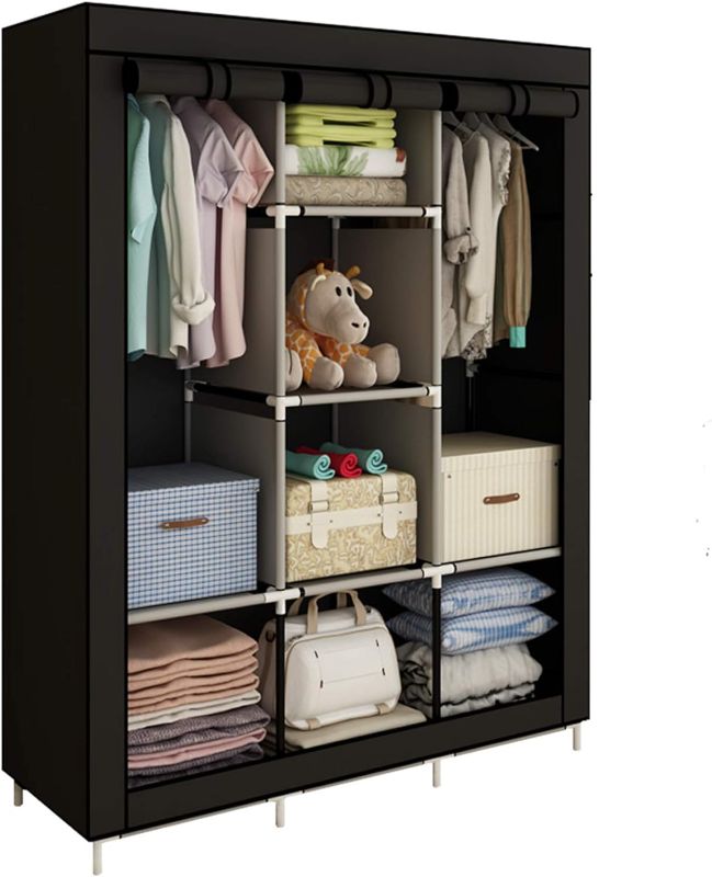 Photo 1 of ACCSTORE Canvas Wardrobe Cupboard Clothes Storage Organiser with 2 Hanging Rail and 6 Shelves,Black