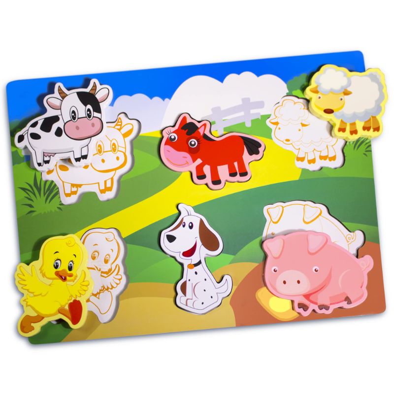 Photo 1 of 2 pack - Wtaleop Wooden Toy Cartoon Toddlers 1-3 Ages Farm Animals Wooden Chunky Puzzles (6 pcs)