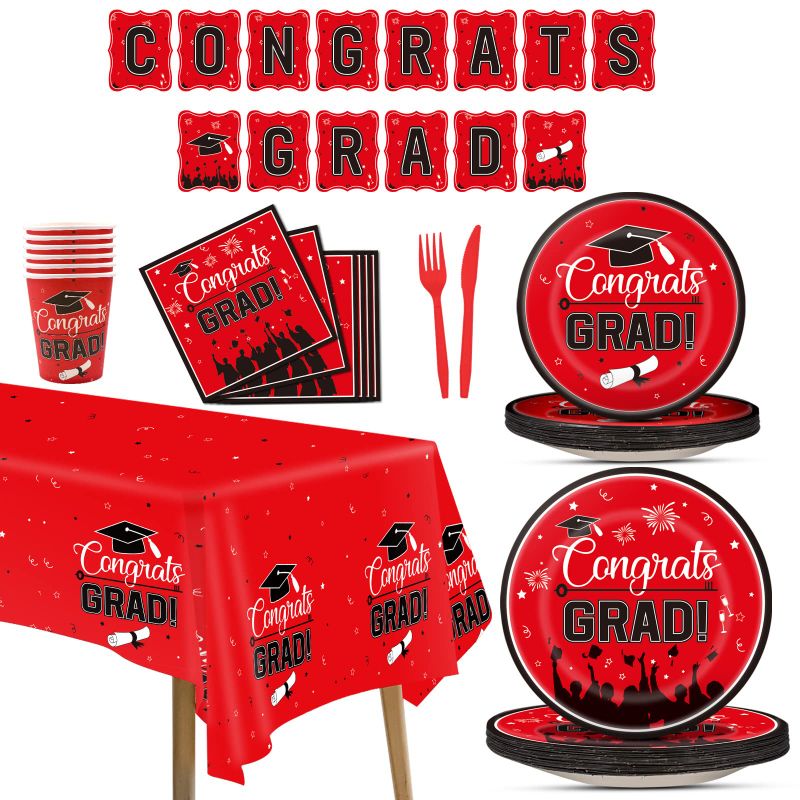 Photo 1 of 2023 Graduation Party Supplies, Graduation Party Plates Napkins Banner Cups Tablecloth Forks Knives Party Tableware Set, Graduation Party Disposable Paper Plates, Serve 24 Guests (Red)