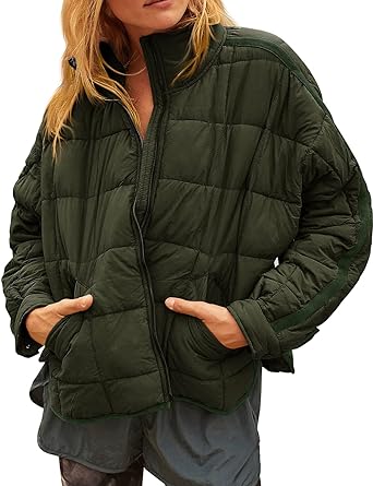 Photo 1 of Foakwety Womens Casual Lightweight Quilted Puffer Jacket Long Sleeve Zip Winter Coat Warm Outerwear with Pockets - X Large 