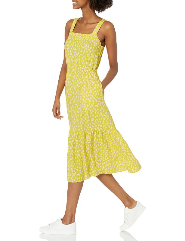 Photo 1 of Amazon Essentials Women's Fluid Twill Tiered Fit and Flare Dress Large Yellow/Pink, Petal Print - Large 