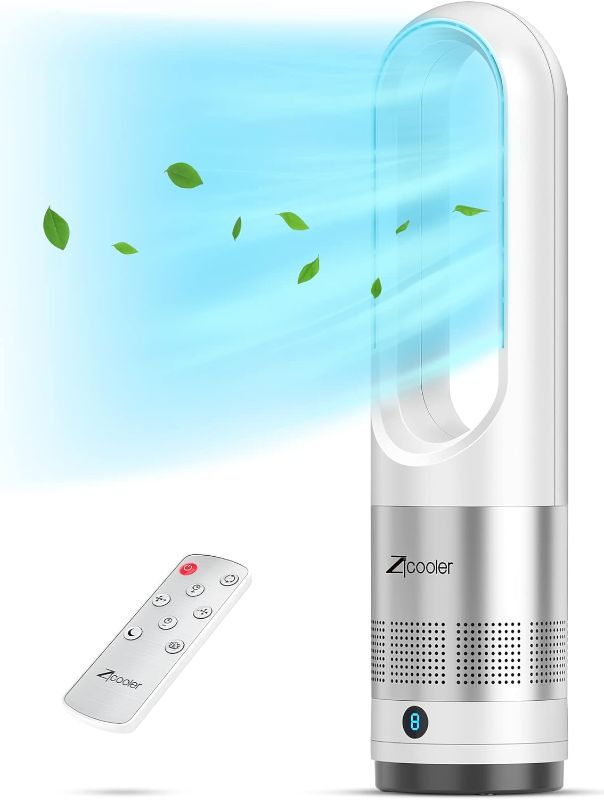 Photo 1 of ZICOOLER Tower Fans for Home, 22 Inch 80°Oscillating Bladeless Fan with Remote, Quiet Fans with 8 Speeds, LED Display, 9H Timer, White Floor Standing Fan Powerful for Indoor Home Bedroom Office Room
