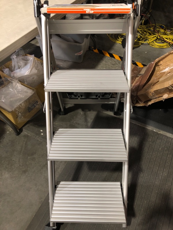 Photo 2 of * used * damaged * see all images *
Little Giant Ladders, Jumbo Step, 4-Step, 3 foot, Step Stool, Aluminum, Type 1AA, 375 lbs weight rating, (11904), Gray 4-Step Aluminum