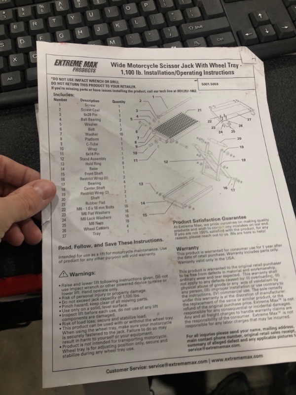 Photo 2 of *parts only* Extreme Max 5001.5059 Wide Motorcycle Scissor Jack with Dolly - 1100 lbs.