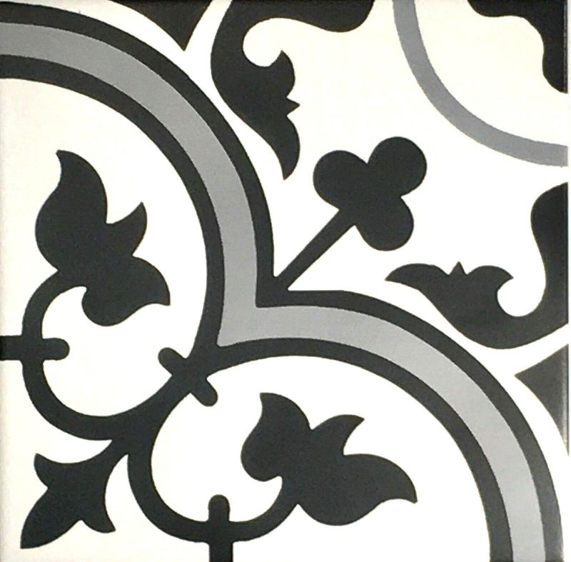 Photo 1 of 12PCS 8x8 Flora Gray Black White Encaustic Design Satin Glaze Ceramic (12 Piece Order)
