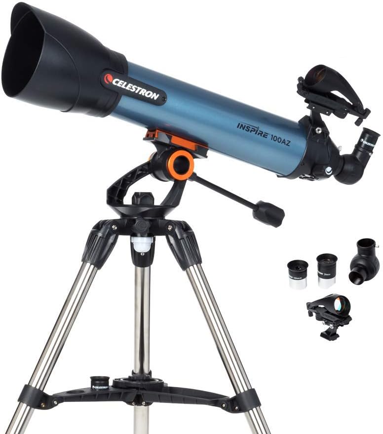 Photo 1 of Celestron Inspire 100AZ Refractor Smartphone Adapter Built-in Refracting Telescope, Blue (22403) & 93317 Omni Series 1.25" (6mm) Eyepiece Inspire 100AZ Refractor Telescope Telescope + Telescope Eyepiece