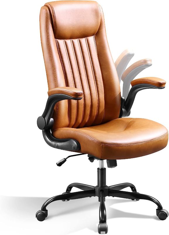 Photo 1 of DEVAISE Computer Office Chair, High Back Ergonomic Desk Chair with Adjustable Flip-up Armrests, Lumbar Support and Thick Headrest, Executive Suede Fabric Swivel Task Chair, Brown
