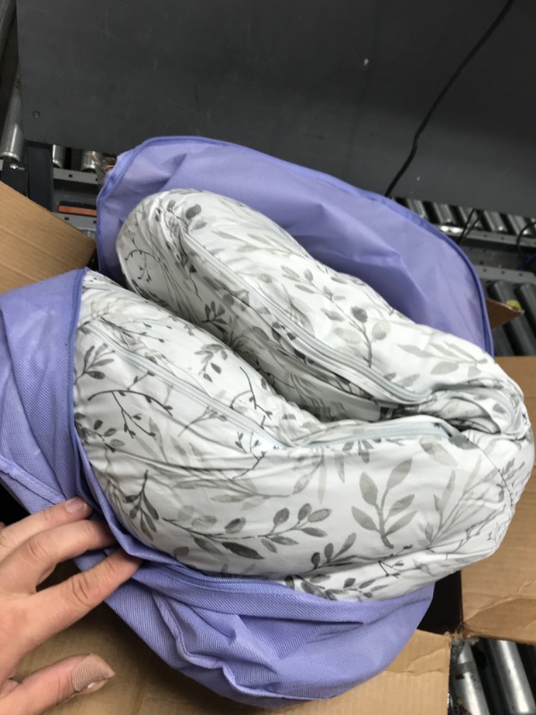 Photo 2 of Boppy Total Body Pregnancy Pillow with Easy-on Removable Pillow Cover in Gray Scattered Leaves for Full-body Support, Body Pillow for Pregnancy and Postpartum Positioning