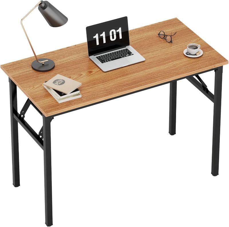 Photo 1 of Small Computer Desk 31.5 inches Folding Table No Assembly Sturdy Small Writing Desk Folding Desk for Small Spaces, Teak Color Desktop and Black Steel Frame