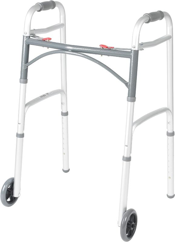 Photo 1 of 
Roll over image to zoom in
Drive Medical 10210-1 2-Button Folding Walker with Wheels, Rolling Walker, Front Wheel Walker, Lightweight Walkers for Seniors and Adults Weighing Up To 350 Pounds, Adjustable Height, Silver