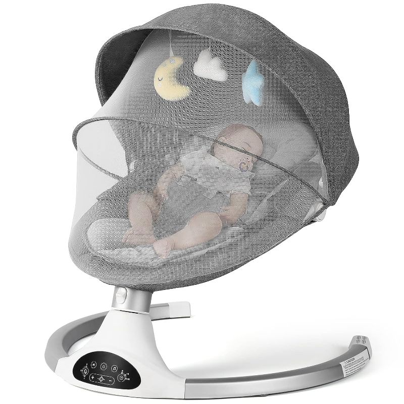 Photo 1 of Baby Swing for Infants, Baby Rocker with 5 Point Harness, Bluetooth Support Baby Swing, 10 Preset Lullabies and 3 Speed Natural Infant Swing with Remote Control and 3 Hanging Toys, Grey
